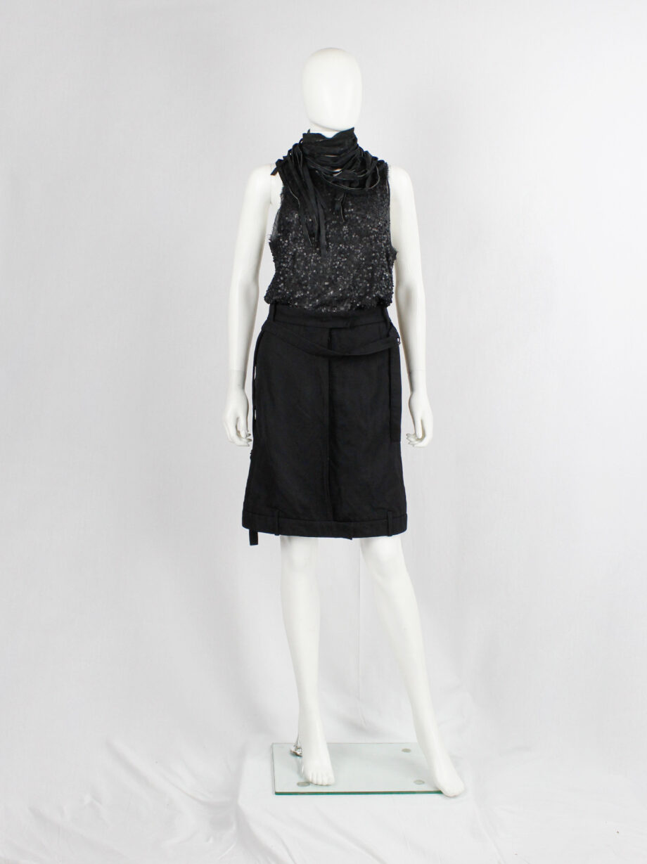 vintage Ann Demeulemeester black upside down midi-skirt with front strap and side belts fall 2004 (3)