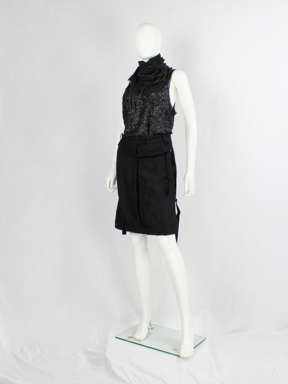 vintage Ann Demeulemeester black upside down midi-skirt with front strap and side belts fall 2004 (4)