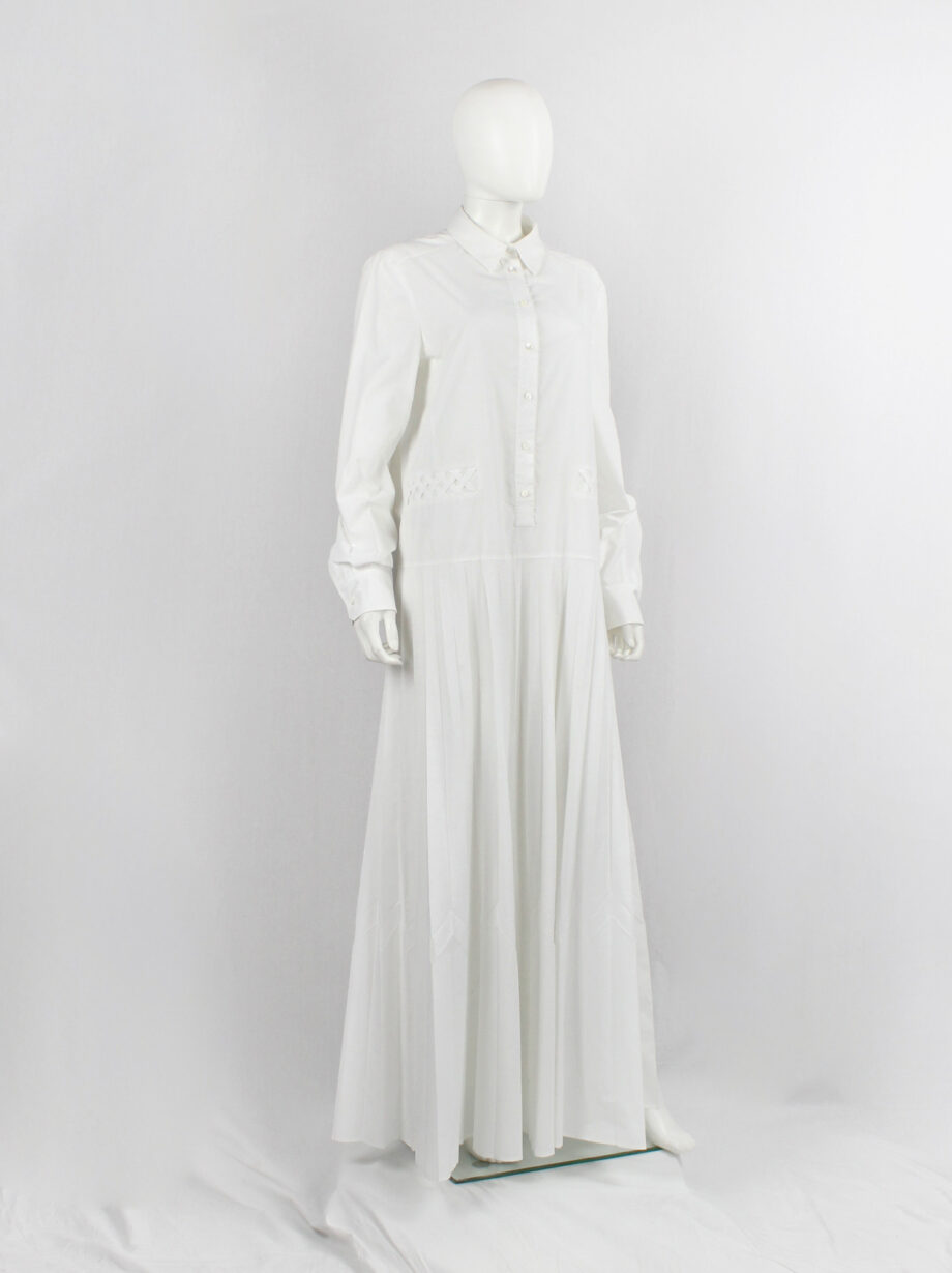 vintage Veronique Branquinho white shirt dress with pleated maxi skirt and woven panels resort 2016
