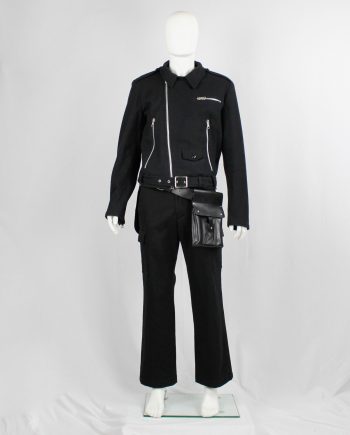 Xavier Delcour black wool biker jacket with zipper details and belted hem fall 2004