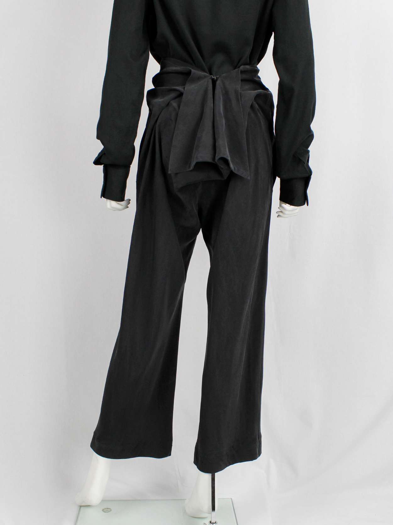 Yohji Yamamoto dark grey silk trousers with drape bustle on the back ...