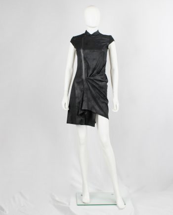 vintage a f Vandevorst black faux suede dress with draped skirt and contrasting studded shoulder panels fall 2010 runway