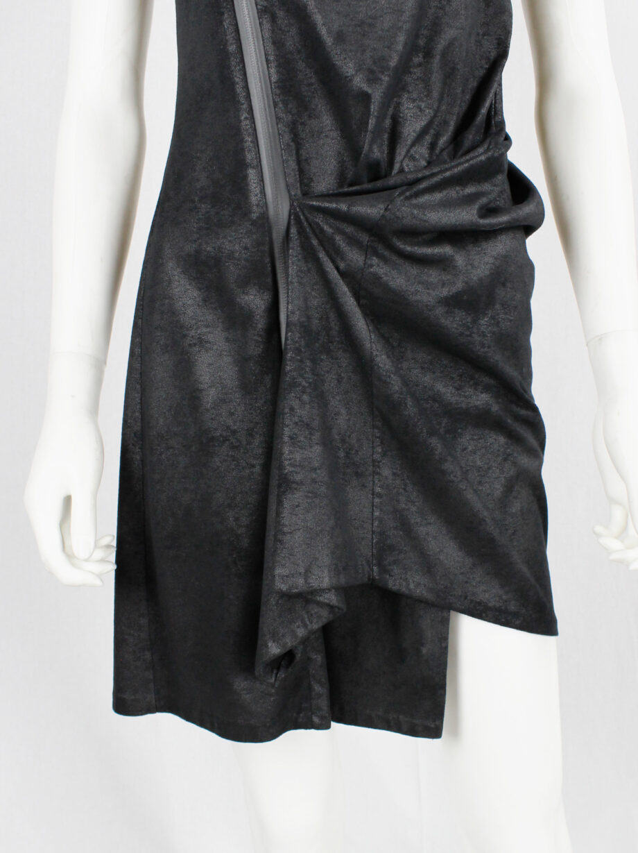 vintage a f Vandevorst black faux suede dress with draped skirt and contrasting studded shoulder panels fall 2010 (3)