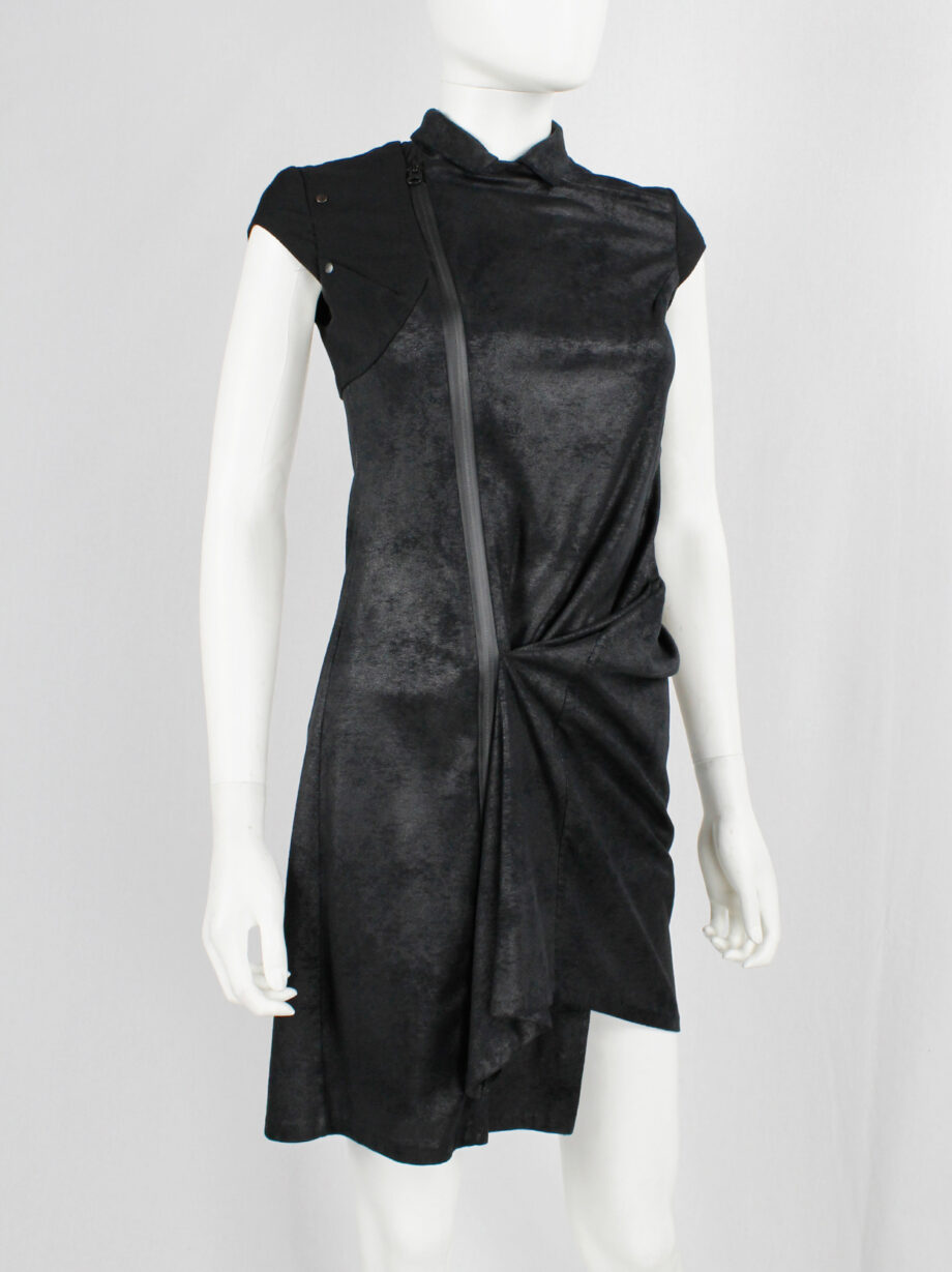 vintage a f Vandevorst black faux suede dress with draped skirt and contrasting studded shoulder panels fall 2010 (9)