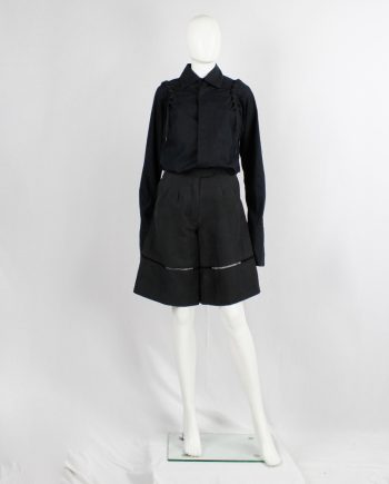 Veronique Branquinho dark grey panelled shorts separated by square net trims