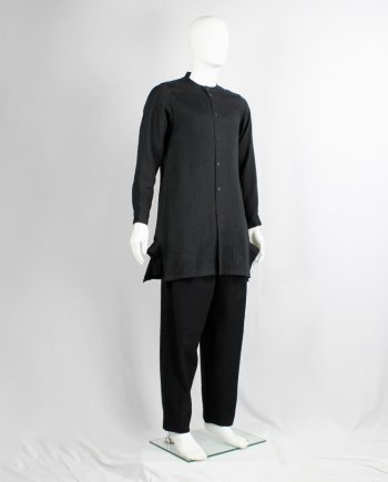 Yohji Yamamoto black long shirt with chopped collar and side wings at the hips