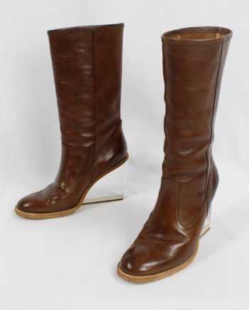 vintage Maison Martin Margiela brown tall boots with clear wedge heel spring 2007