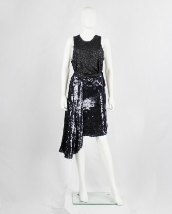 vintage Ann Demeulemeester black wrap skirt covered in sequins with side drape runway fall 2000