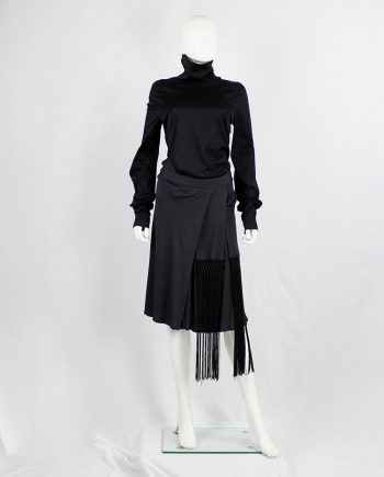 vintage Veronique Branquinho dark grey skirt with panels of macramé decoration and fringes spring 2007