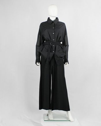 vintage Ann Demeulemeester black gathered shirt with belt strap and tall collar