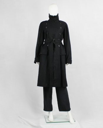Ann Demeulemeester black wool trenchcoat with double breasted rows of buttons — fall 2017