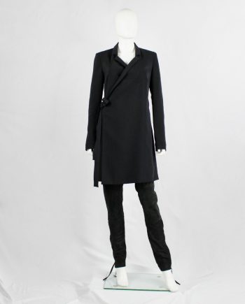 vintage A.F. Vandevorst dark navy asymmetric wrapped long blazer with narrow lapels (1)