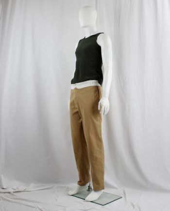 Maison Martin Margiela light brown trousers with folded waistband showing the logo fall 2018