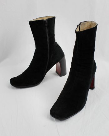 vintage Ann Demeulemeester black suede ankle boots with red inner banana heel fall 1996