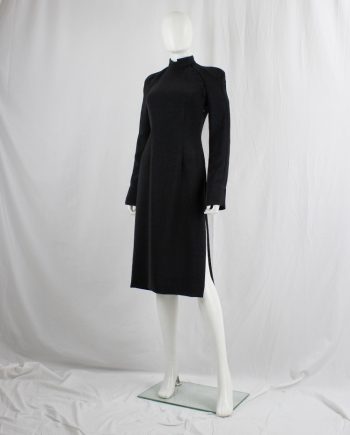 vintage a f Vandevorst black tailored dress with side slit and curved shoulders fall 2001