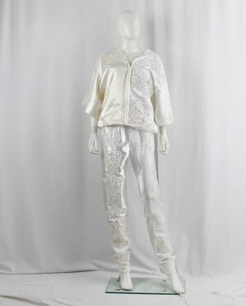 A.F. Vandevorst white satin sweatpants with beaded and sheer vintage wedding fabrics spring 2019