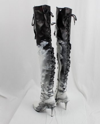vintage A.F. Vandevorst black thigh high boots spraypainted white with double lacing fall 2015 performance