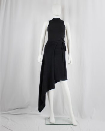 vintage Ann Demeulemeester black wool wrap skirt with longer side drape fall 2000