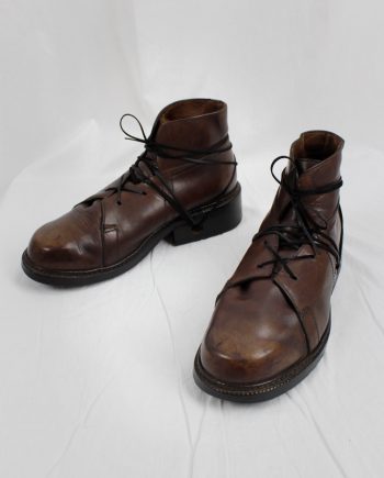 vintage Dirk Bikkembergs Hommes brown combat boots wrapped with laces through the soles 1980s 1990s
