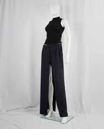 vintage Ingrid Van De Wiele dark blue wide trousers with one open leg over shorts 1990s 90s