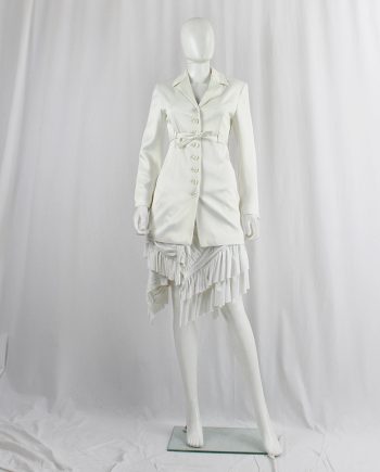 vintage Ingrid Van De Wiele white long body hugging blazer with 8 front buttons and tie 1990s