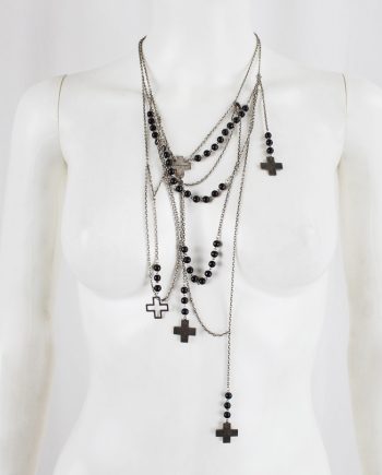 vintage AF Vandevorst silver multi-strand necklace with black rosary beads and silver crosses fall 2016