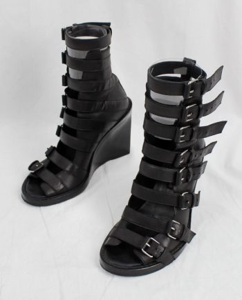vintage Ann Demeulemeester black gladiator wedge sandals with belts over the front spring 2010