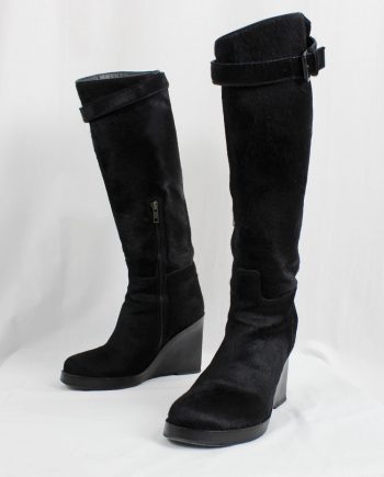vintage Ann Demeulemeester tall black ponyskin wedge boots with belt strap fall 2004