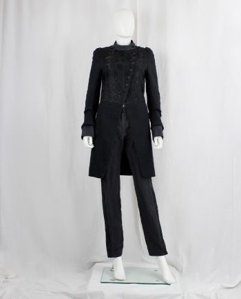 vintage Ann Demeulemeester black cutaway coat with embroidered panel and woven buttons fall 2009