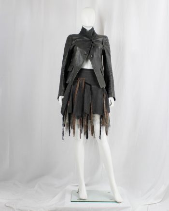 Kaat Tilley grey denim panelled skirt with fringed piping and silk printed underlayers — spring 2003