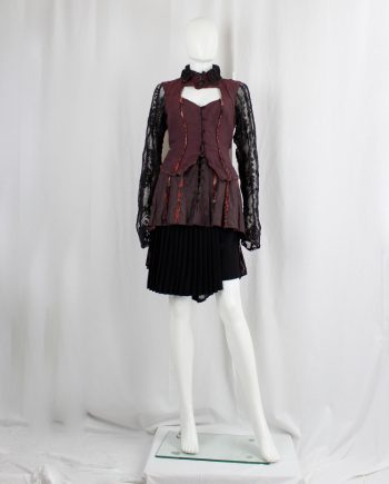 Kaat Tilley plum cardigan with multicolour corset piping and sheer brown lace sleeves and back