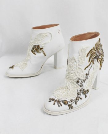 vintage af Vandevorst white ankle boots with wedding embroidery, gemstones and hand beading spring 2019