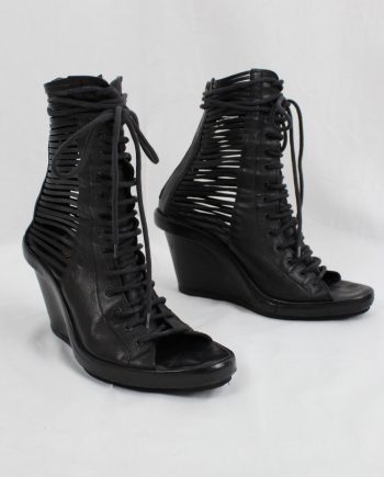 vintage Ann Demeulemeester black front laced sandals with strapped open sides and wedge heel spring 2012