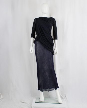 vintage Kaat Tilley dark blue sheer maxi skirt with knitted pattern of vertical pleats 1990s 90s