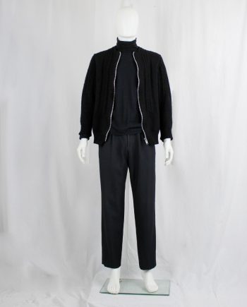 vintage Ys for Men black jumper with half bands of cable knits and silver zipper closure