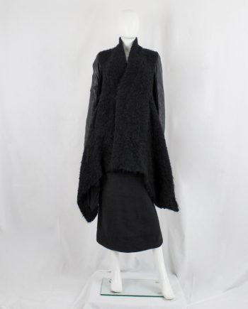 vintage Rick Owens black fuzzy wool long flared coat with contrasting green leather sleeves pre-2013