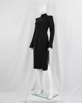 vintage af Vandevorst black tailored dress with side slit and curved shoulders fall 2001
