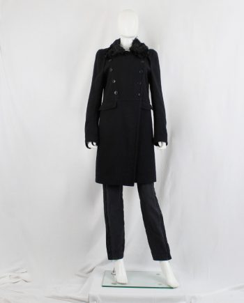 vintage Ann Demeulemeester black long double breasted coat with sheepskin collar
