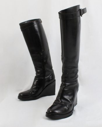 vintage Ann Demeulemeester black tall wedge boots with belt strap fall 2009