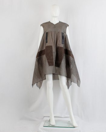 vintage Rick Owens FAUN brown double layered mesh dress with felt and leather panels spring 2015